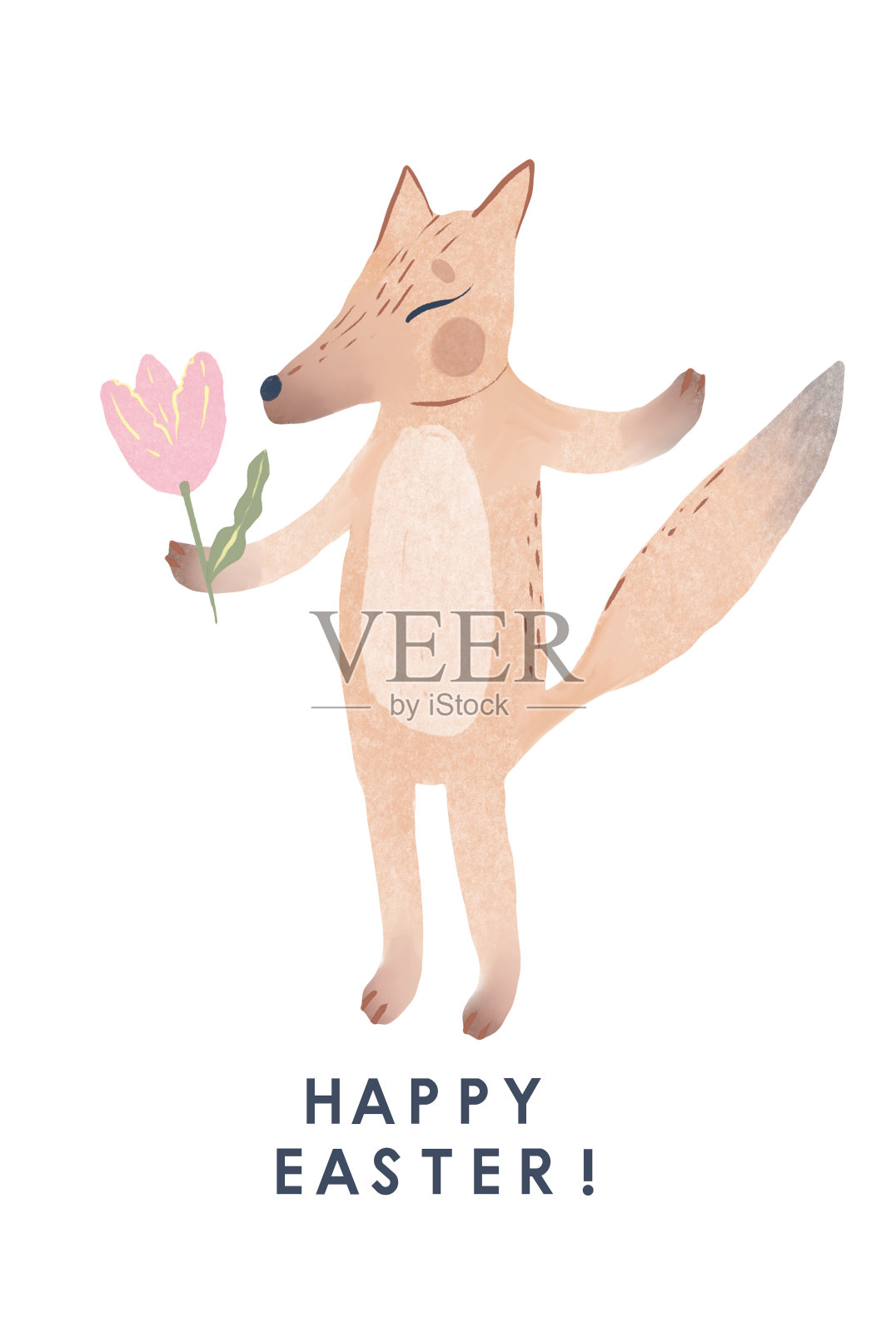 五彩缤纷的复活节贺卡，狐狸兔耳，小鸡，复活节蛋，鲜花和文字。复活节的背景。手绘插图设计元素图片