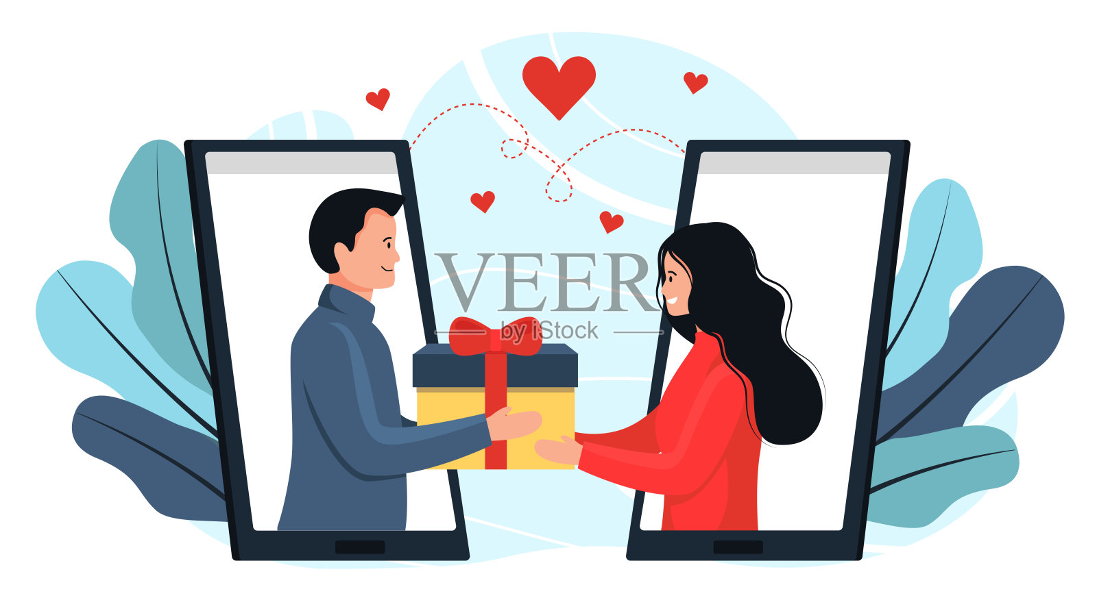 年轻人通过智能手机屏幕给女孩一份礼物。在线的庆祝活动的概念。自我隔离虚拟会议概念肖像，矢量插图卡通风格插画图片素材