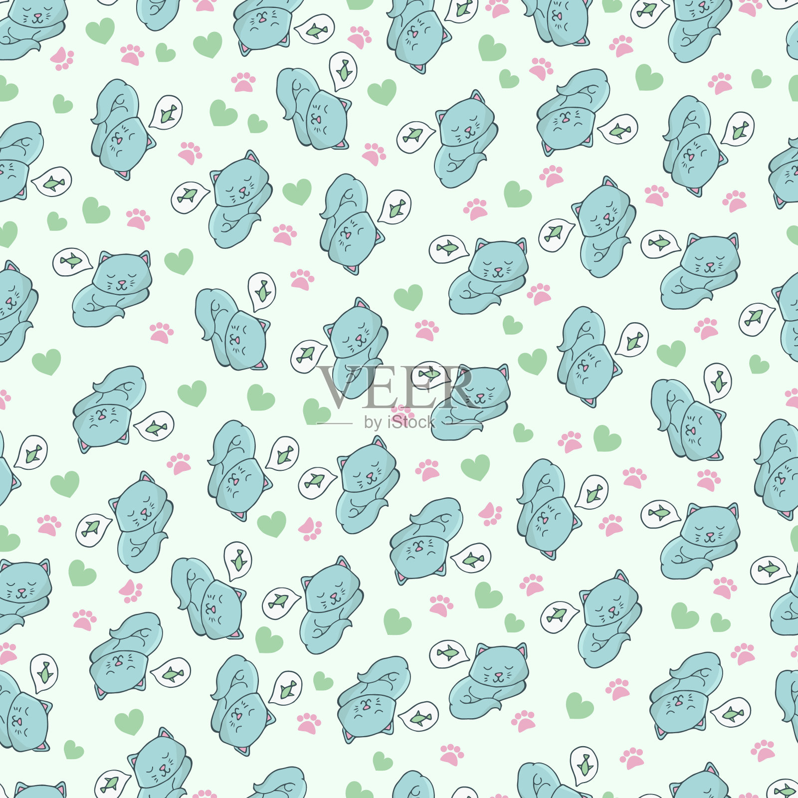无缝图案与可爱的猫在一个蓝色的背景插画图片素材
