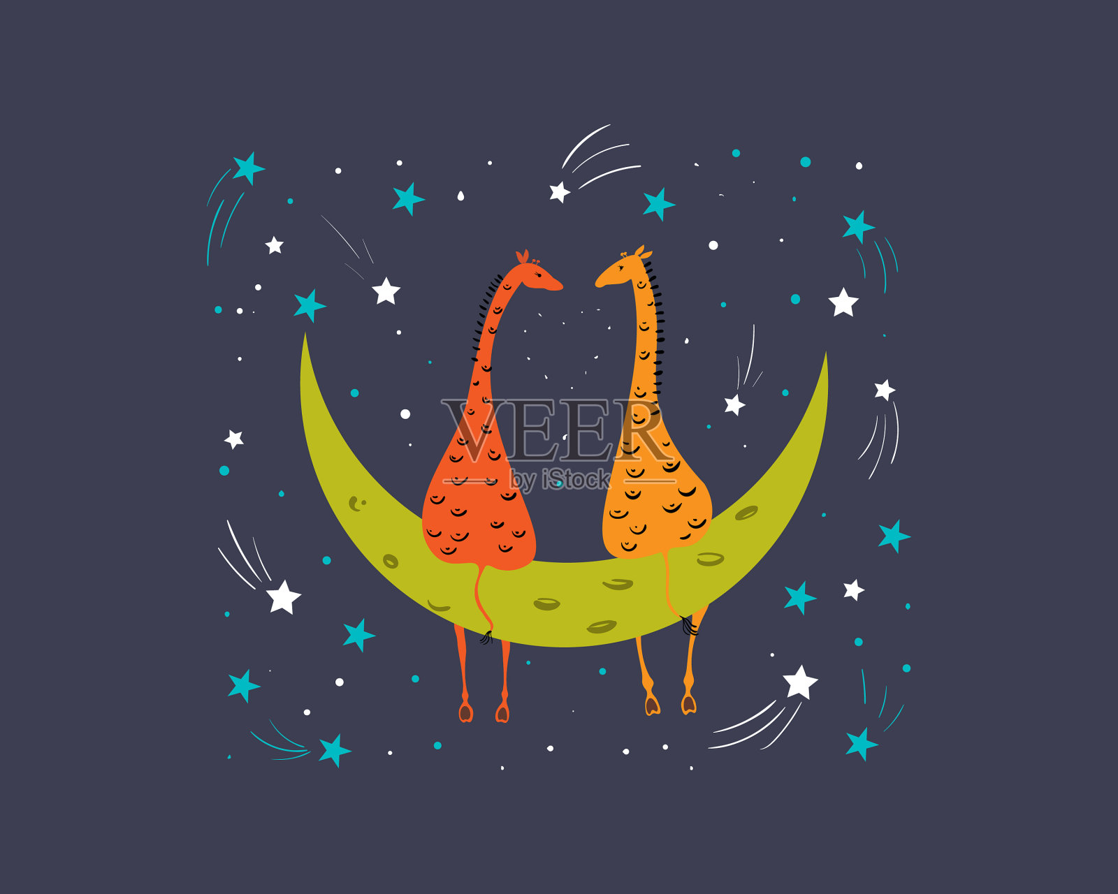 两只相爱的长颈鹿坐在月亮上插画图片素材