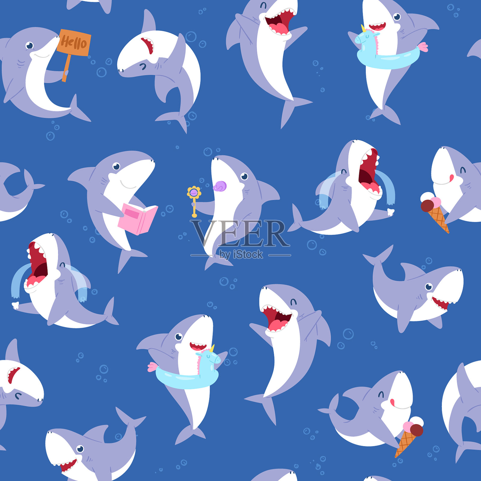 无缝鲨鱼图案可爱的水下动物插画图片素材