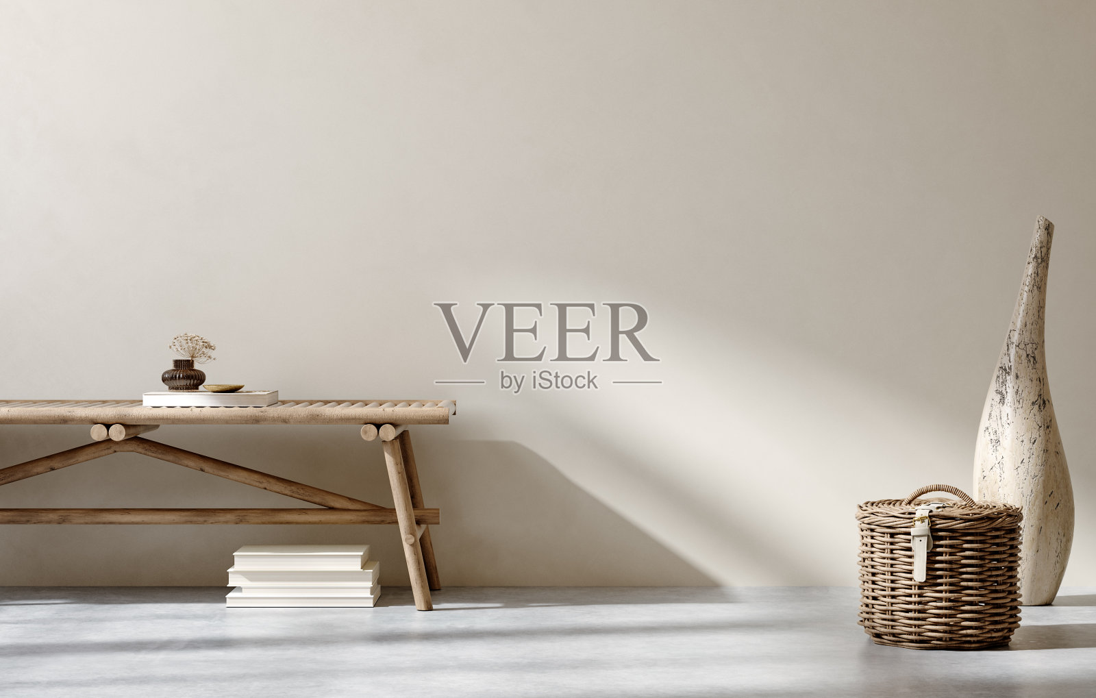 海岸波西米亚风格的卧室室内背景，墙壁模型照片摄影图片