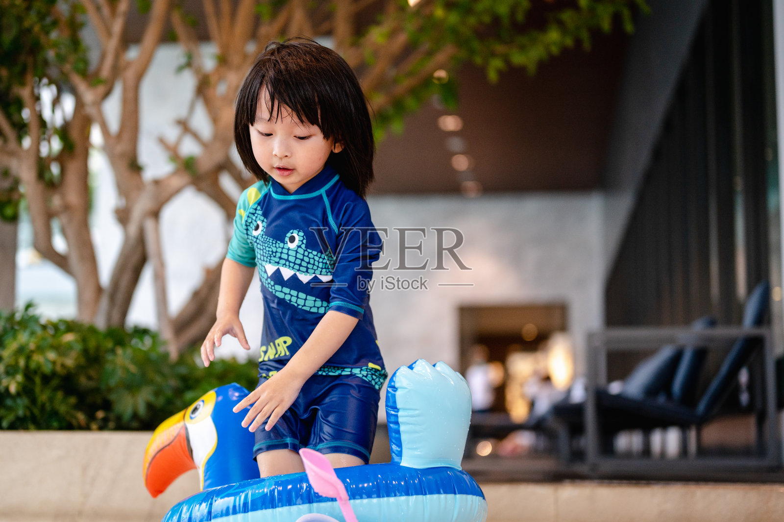 小男孩在游泳池里玩充气犀鸟浮圈，学习游泳。暑期度假，快乐亚洲家庭理念。照片摄影图片
