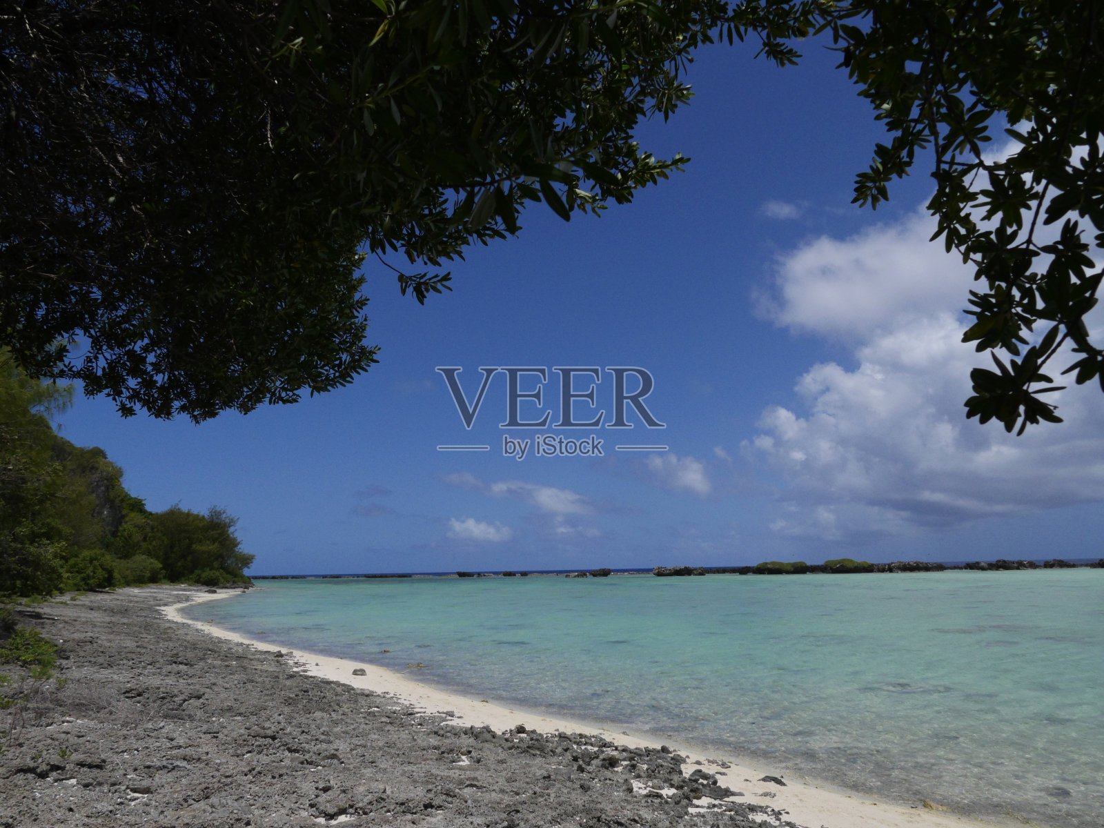 在海岸线上有锋利的珊瑚的热带海滩，蓝色的天空被浓密的树叶框起来的背景照片摄影图片