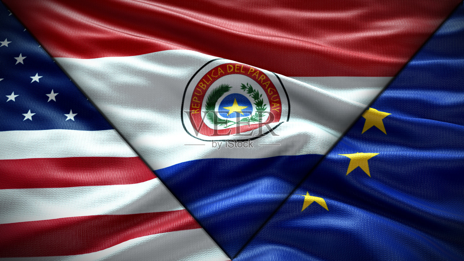 美利坚合众国国旗、欧盟国旗和巴拉圭国旗飘扬着纹理天空云和日落三面国旗照片摄影图片