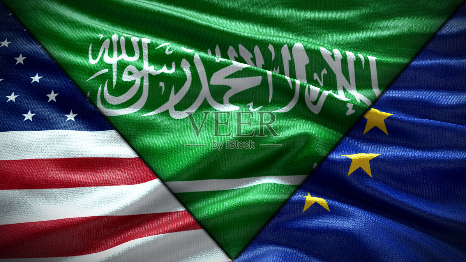 美国国旗和欧盟国旗和沙特阿拉伯国旗飘扬着纹理天空云和日落三面国旗照片摄影图片