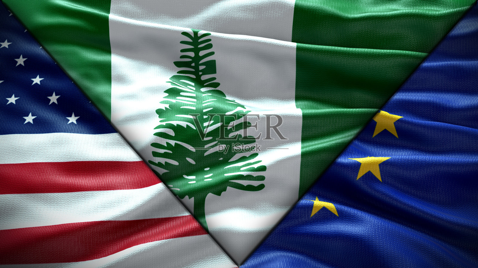 美国国旗和欧盟国旗和诺福克岛国旗飘扬着纹理天空云和日落三面国旗照片摄影图片