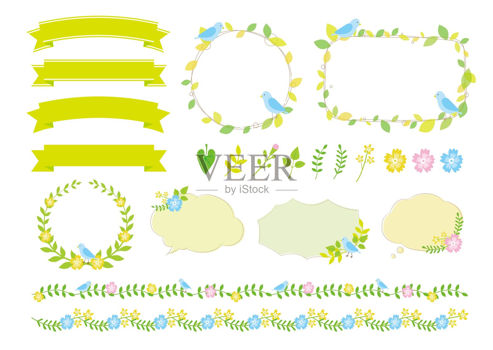 新鲜的绿色和蓝色的鸟集插画图片素材