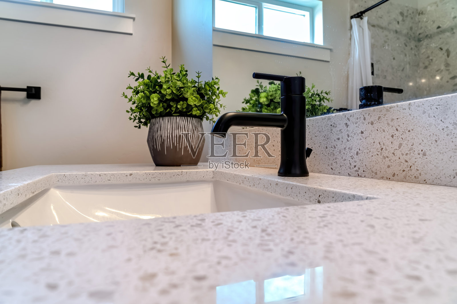 下面的浴室水槽与黑色水龙头和盆栽的台面照片摄影图片