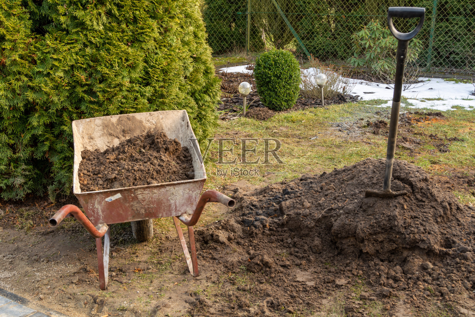 在花园里进行春季大扫除。照片摄影图片
