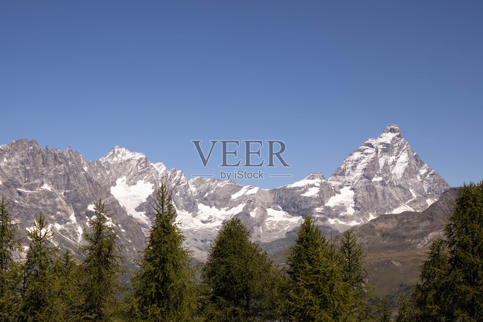 白雪覆盖的高山，前景是一片绿色的森林。照片摄影图片