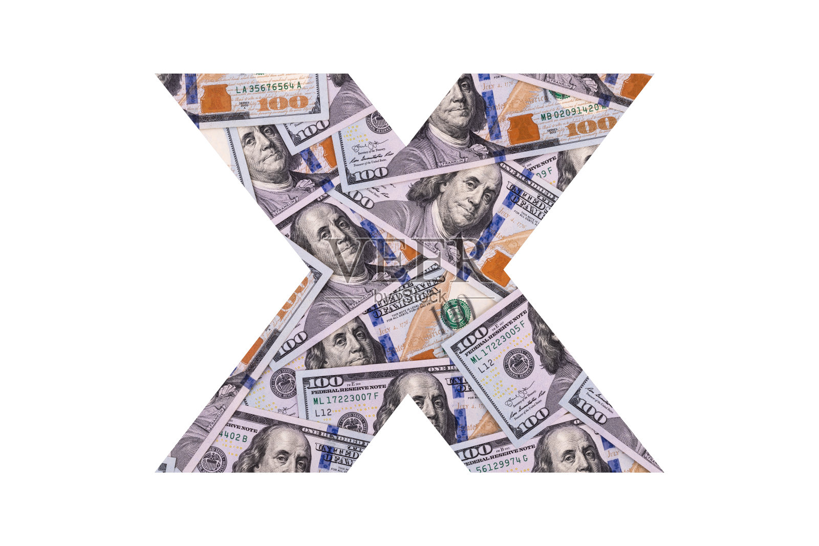 美元拉丁字母表中的一个字母，它的整个表面被面值为100美元的碎片所占据照片摄影图片