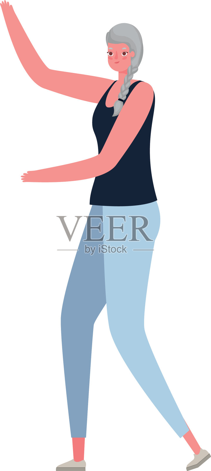 一位高级女性卡通人物举起一只手插画图片素材