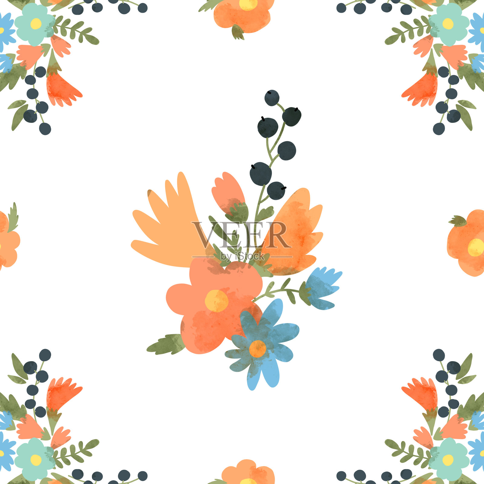 野花质朴无缝图案，绿叶夏日花束质感插画图片素材