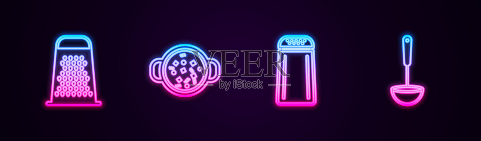 磨丝机，煲汤，盐和胡椒，厨房用长柄勺。发光的霓虹灯图标。向量插画图片素材
