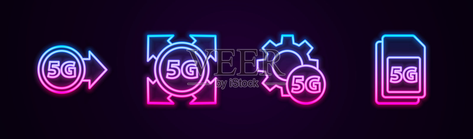 设置线路5G网络，设置和Sim卡。发光的霓虹灯图标。向量插画图片素材