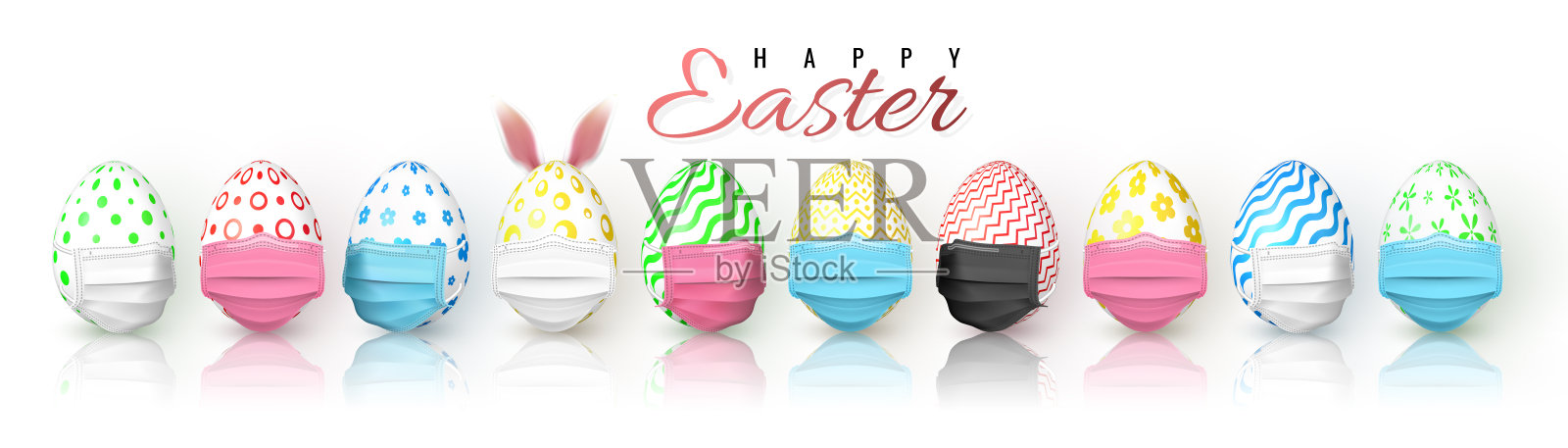复活节快乐。彩色复活节蛋在医疗面罩上的白色背景。矢量图插画图片素材