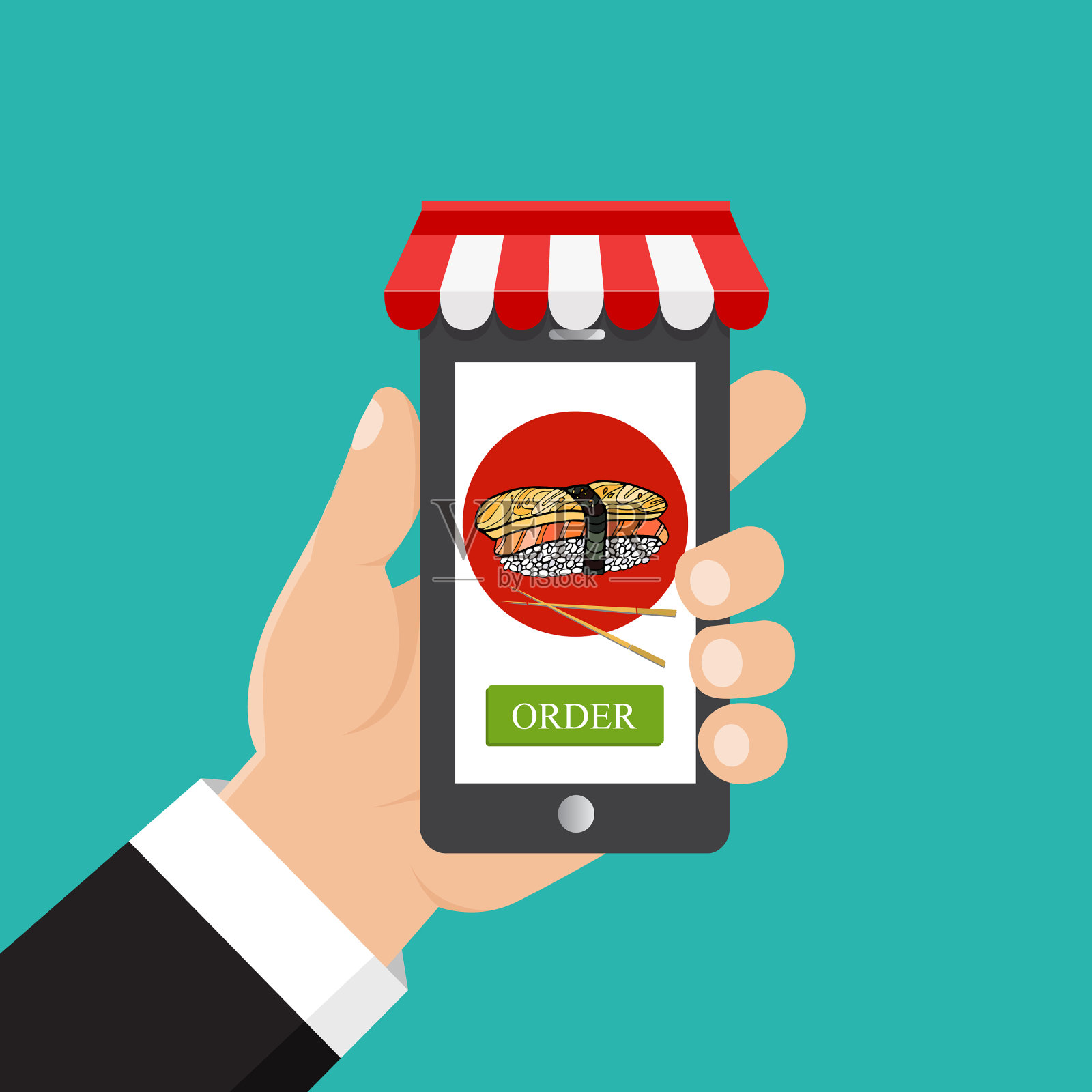 手持屏幕上有寿司的智能手机插画图片素材