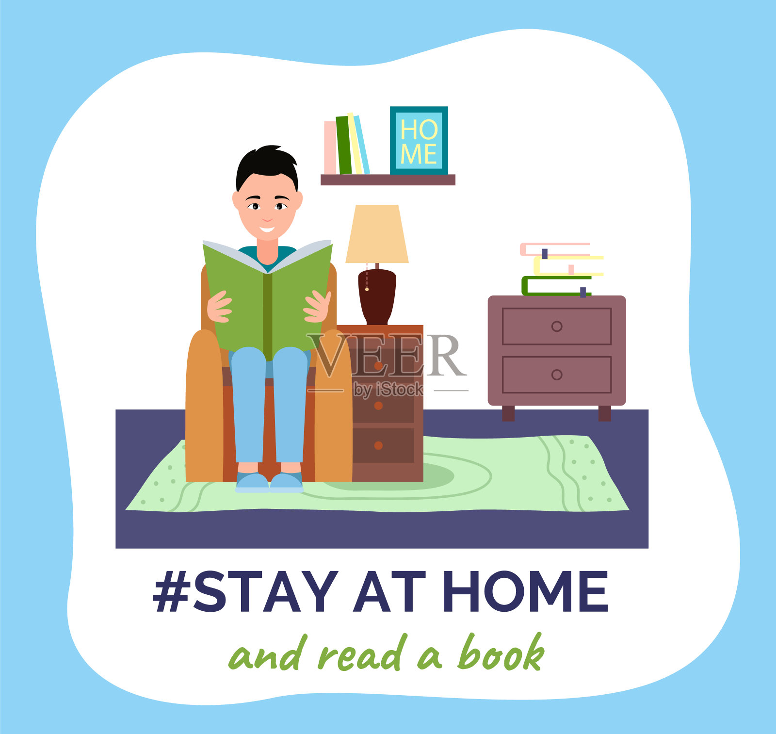 人们坐在椅子上看书。待在家里，注意安全。冠状病毒和流行性。平面图像插画图片素材