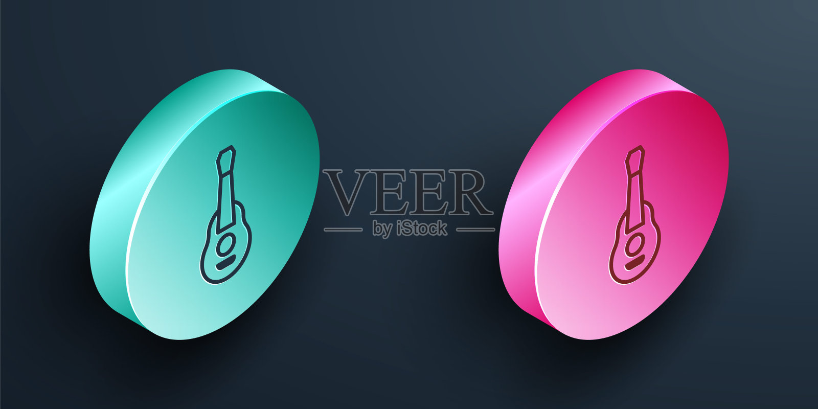 等距线吉他图标孤立在黑色背景。木吉他。弦的乐器。绿松石和粉红色的圆形按钮。向量图标素材