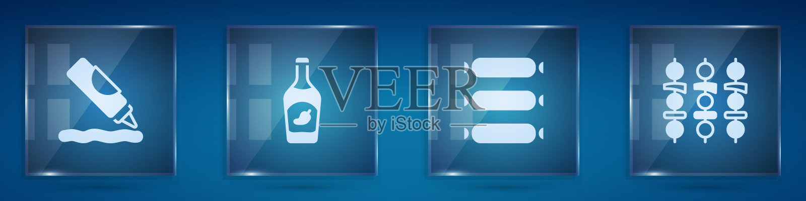 设置番茄酱瓶，，香肠和烤羊肉串。方形玻璃面板。向量图标素材