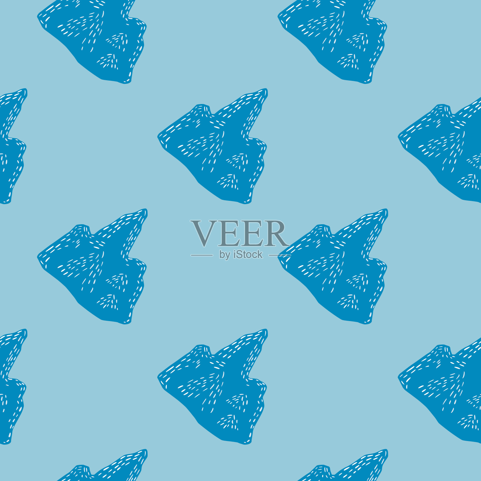 手绘冰岛海洋无缝图案与涂鸦冰山装饰。蓝色调色板寒冷的冬天背景。插画图片素材