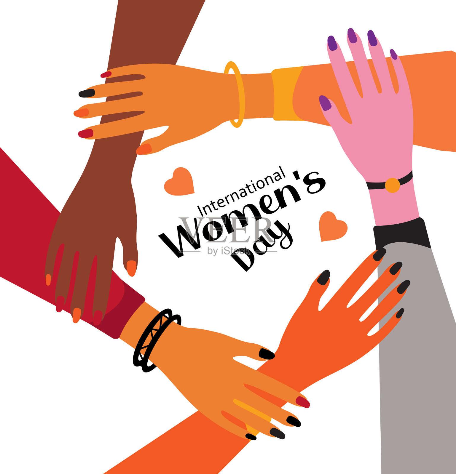 3月8日国际妇女节。女权主义女性手牵手贺卡。女孩的力量。为自由、独立、平等而战。矢量插图。插画图片素材