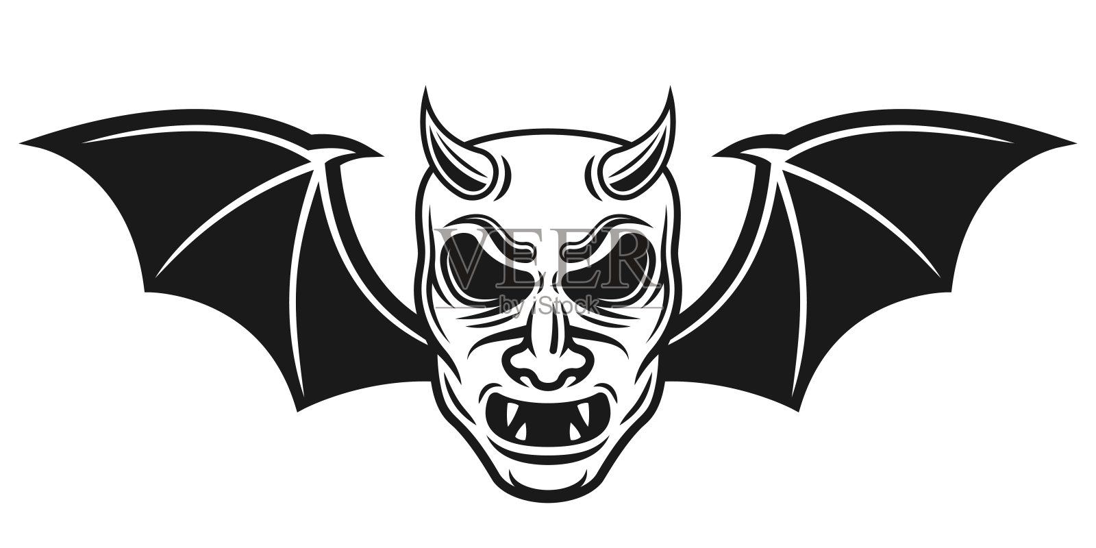 武士面具蝙蝠翅膀和角矢量插图单色纹身风格孤立在白色背景插画图片素材