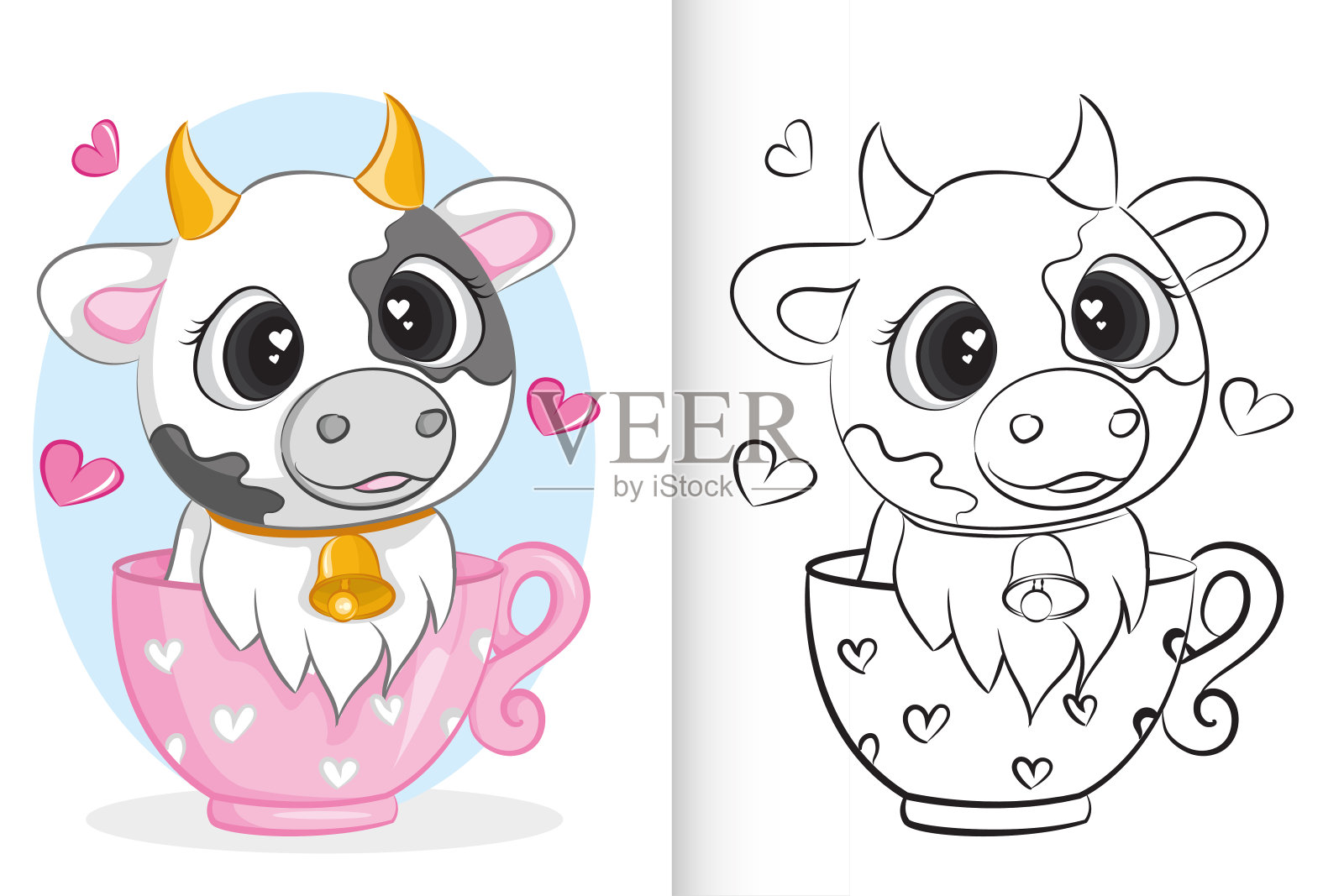 可爱的奶牛在粉红色的杯子。学龄前儿童的涂色书。插画图片素材
