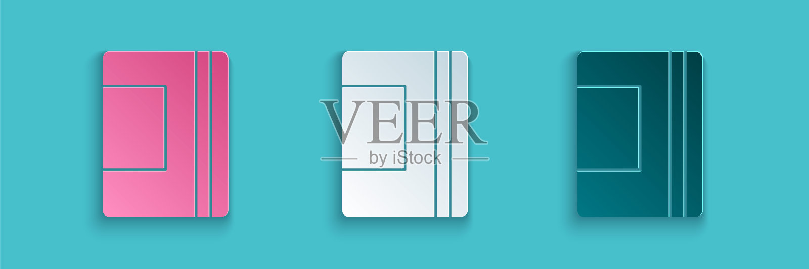 剪纸笔记本图标孤立在蓝色背景。螺旋记事本图标。学校的笔记本。书写纸。学校的日记。纸艺术风格。向量插画图片素材