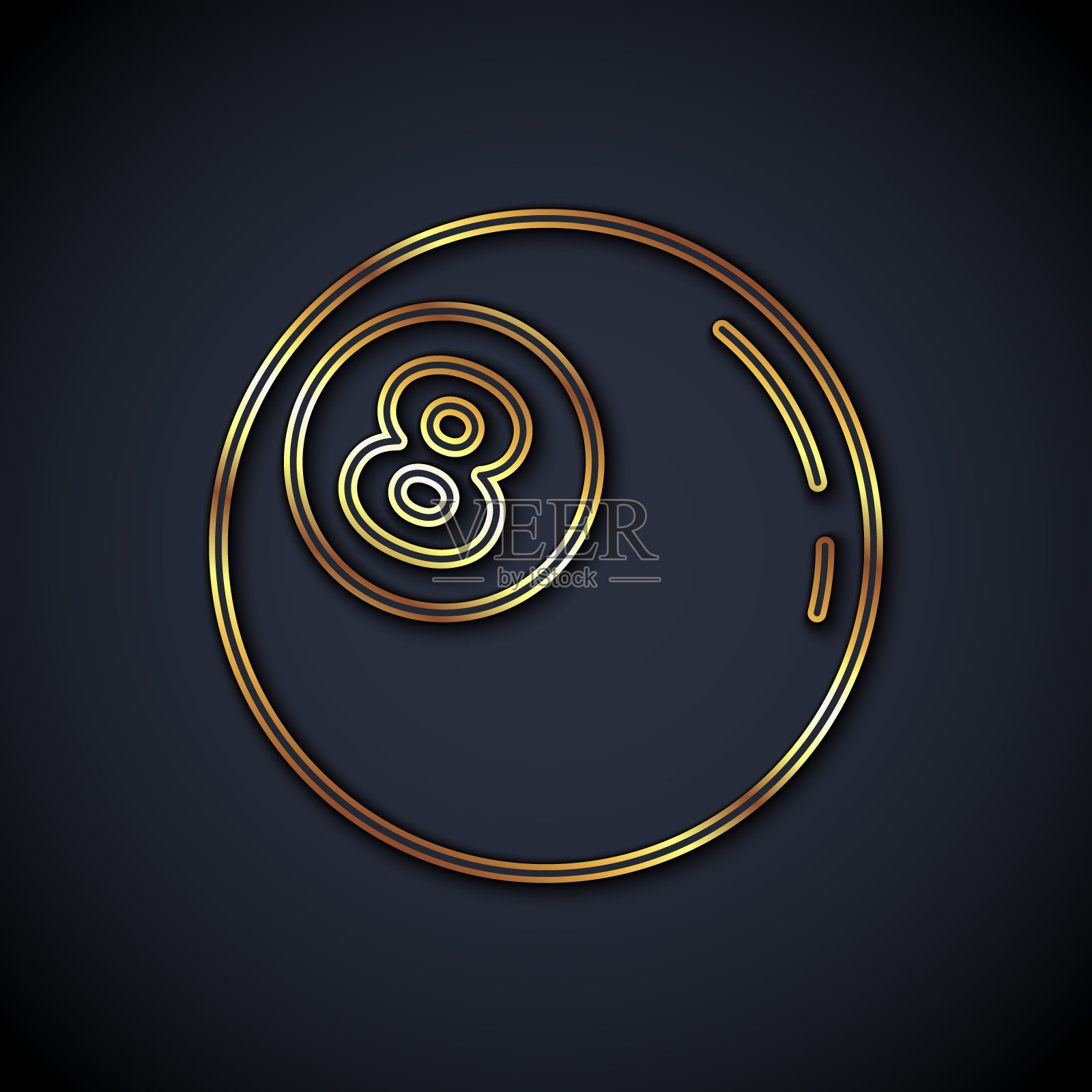 金色线台球池斯诺克球与数字8图标孤立在黑色背景。向量插画图片素材