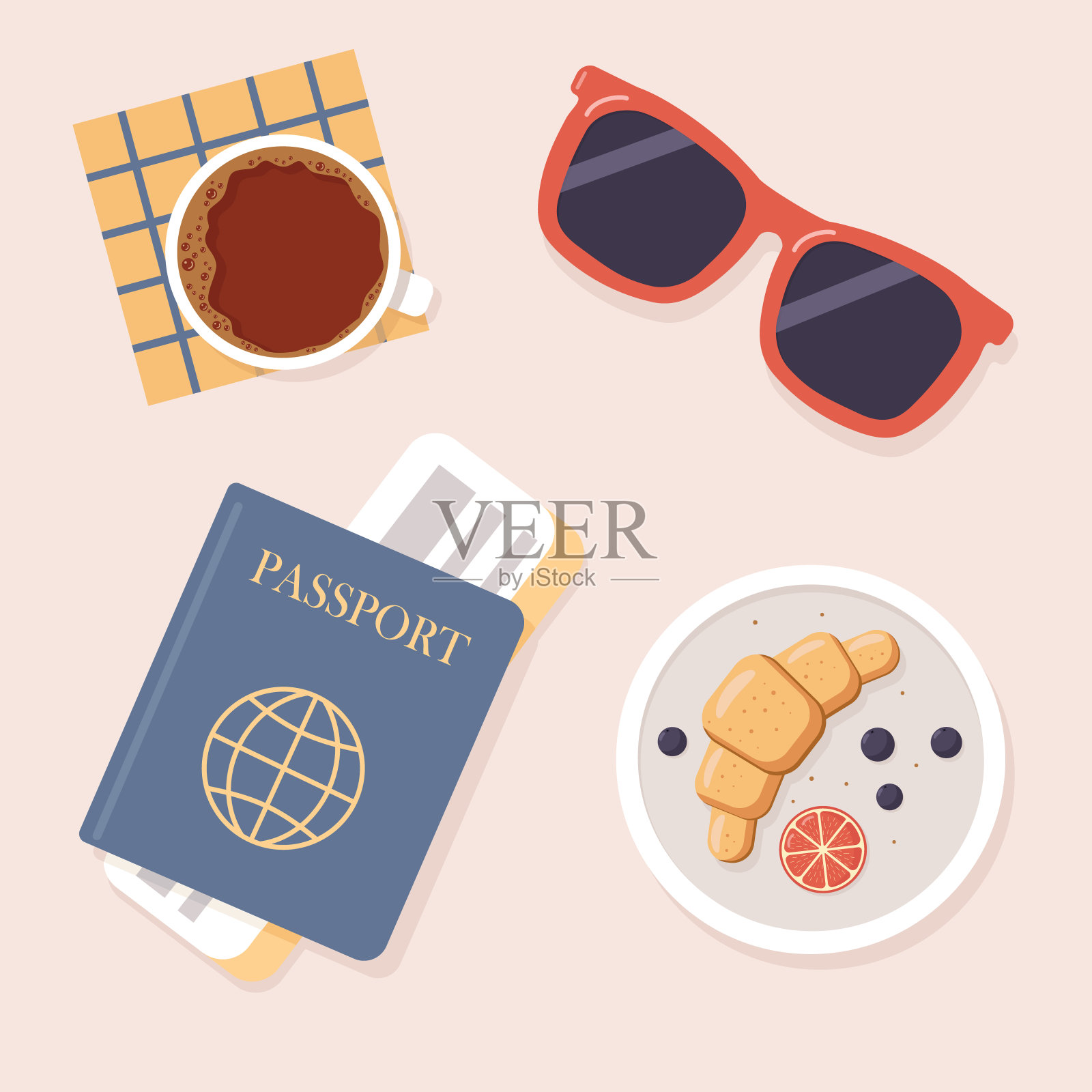 机场咖啡厅的桌子俯视图。带机票的护照，太阳镜，咖啡，装在盘子里的牛角面包插画图片素材