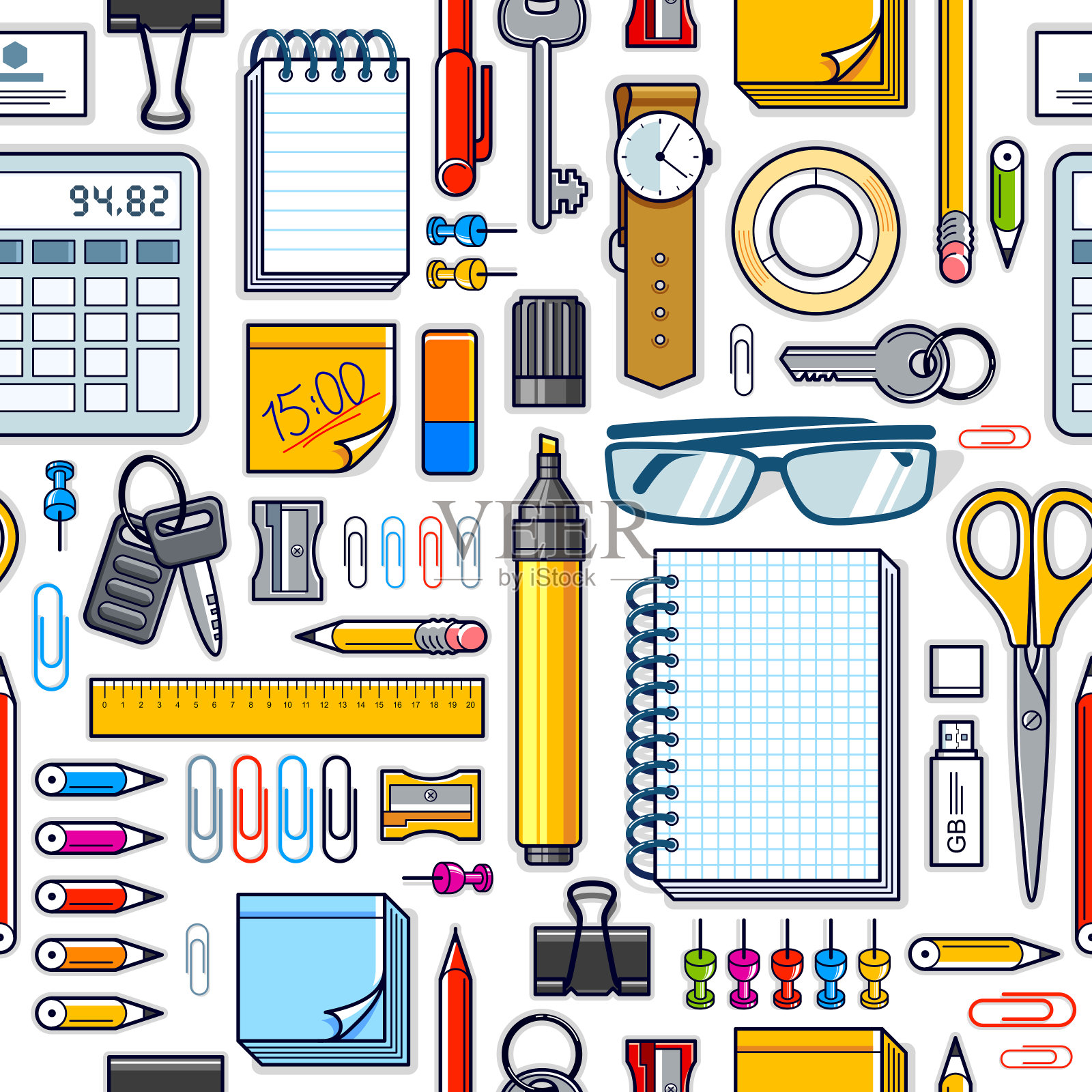 办公桌面顶视图用很多不同的文具元素无缝矢量壁纸，商务工作主题图像用多样的对象插图图片。插画图片素材