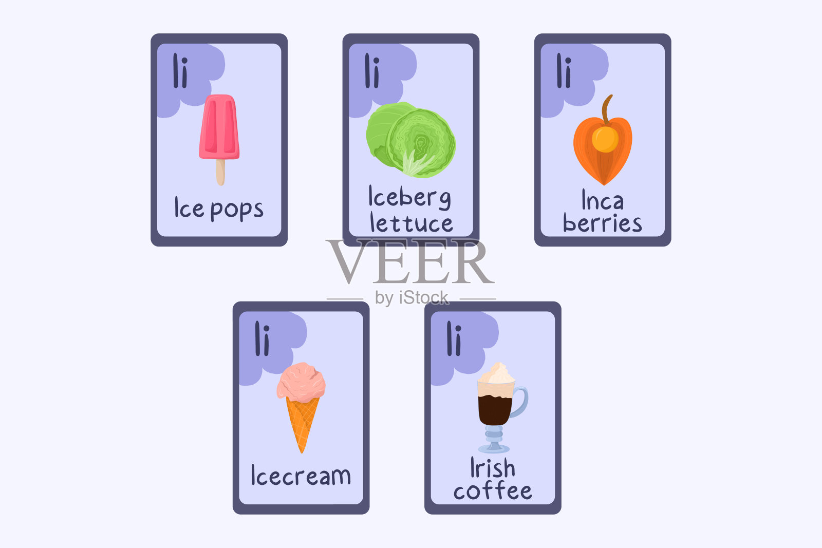 彩色拼读识字卡片I -冰棍，冰淇淋，卷心莴苣，印加浆果，爱尔兰咖啡。以食物为主题的ABC卡片，以食物、蔬菜、水果和坚果为主题进行阅读教学。插画图片素材
