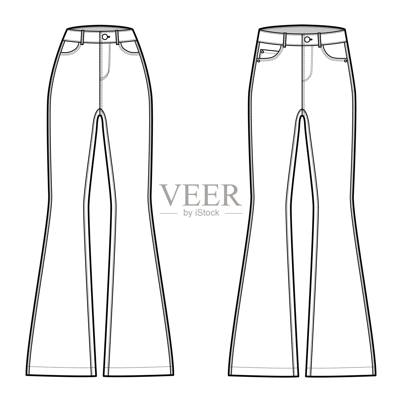 牛仔套套喇叭裤牛仔裤技术时尚插图全长，正常低腰，上升，5个口袋插画图片素材