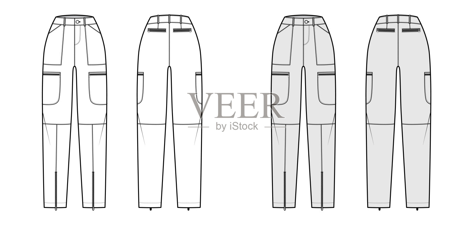 降落伞裤子技术时尚插图与正常的腰，高rise，口袋，皮带环，全长插画图片素材