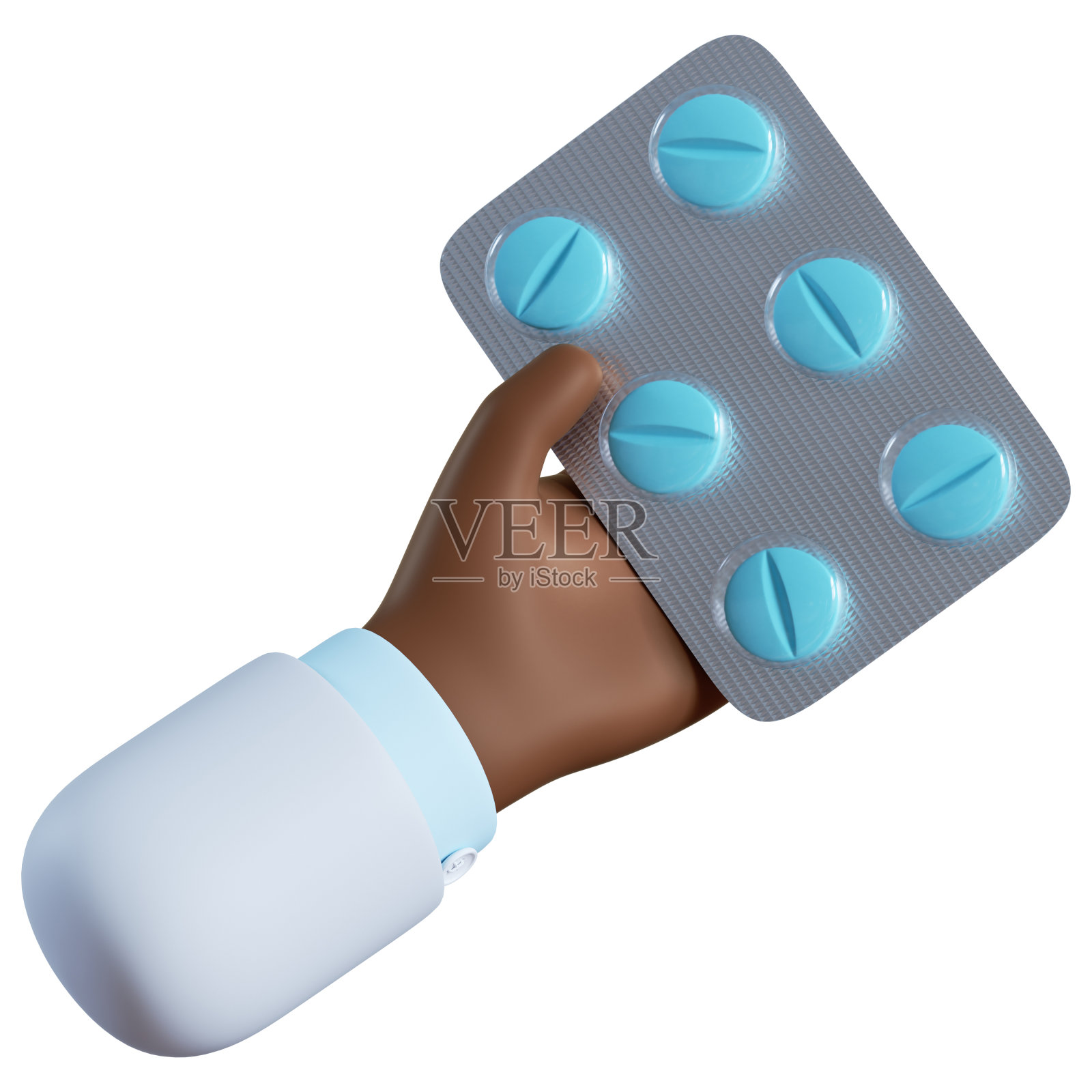 3 d渲染。包装药丸图标。医生或药剂师卡通手与黑色皮肤拿着药物。医疗保健插图。医药剪辑艺术孤立的白色背景照片摄影图片