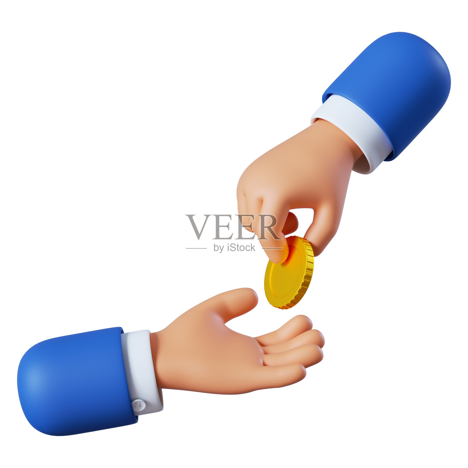 卡通人物手拿金币。商业剪辑艺术孤立的白色背景。付款和购物，良好的合作伙伴关系理念。3 d演示。照片摄影图片