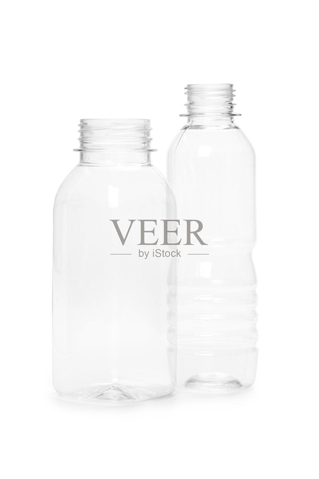 两个空的新塑料瓶孤立的白色背景。生产的容器照片摄影图片