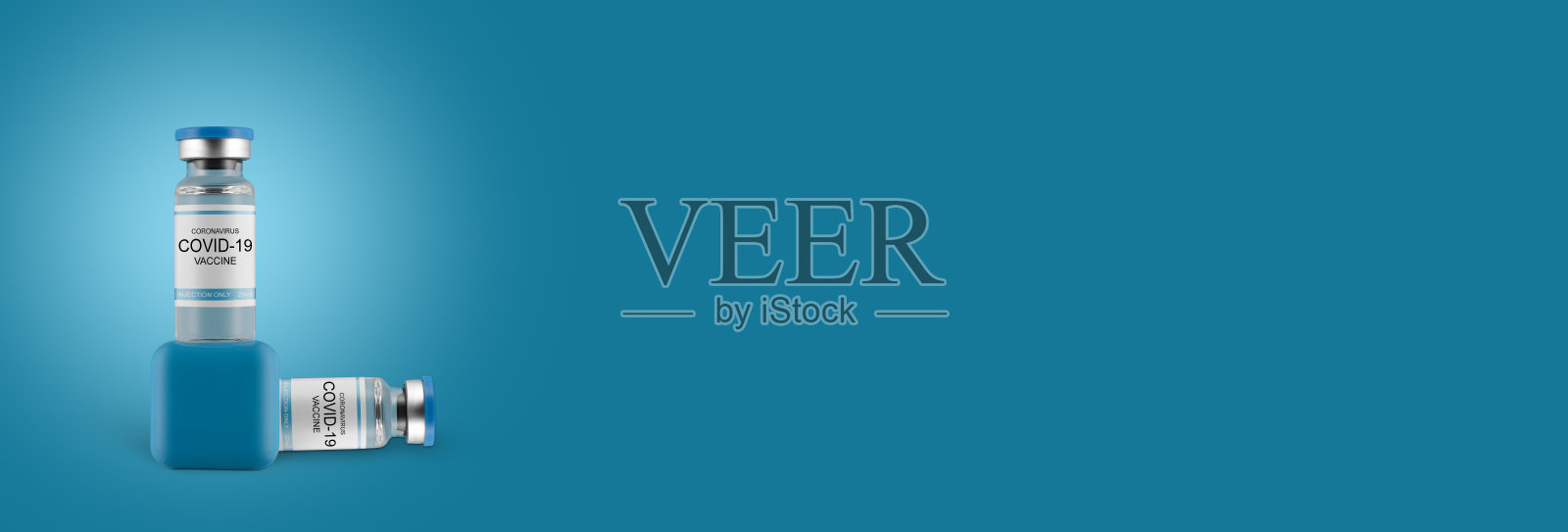 针对冠状病毒疫苗背景进行创意设计。蓝色背景的covid-19疫苗小瓶。治疗，对抗大流行。横幅。照片摄影图片