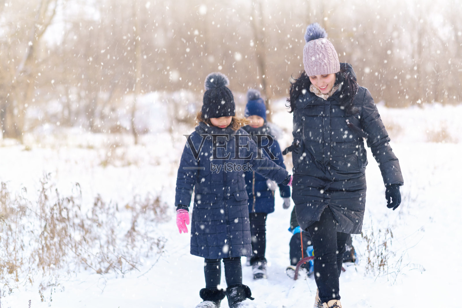 家庭游戏和雪橇在冬天户外，母亲和孩子们在下雪的冬天有乐趣照片摄影图片