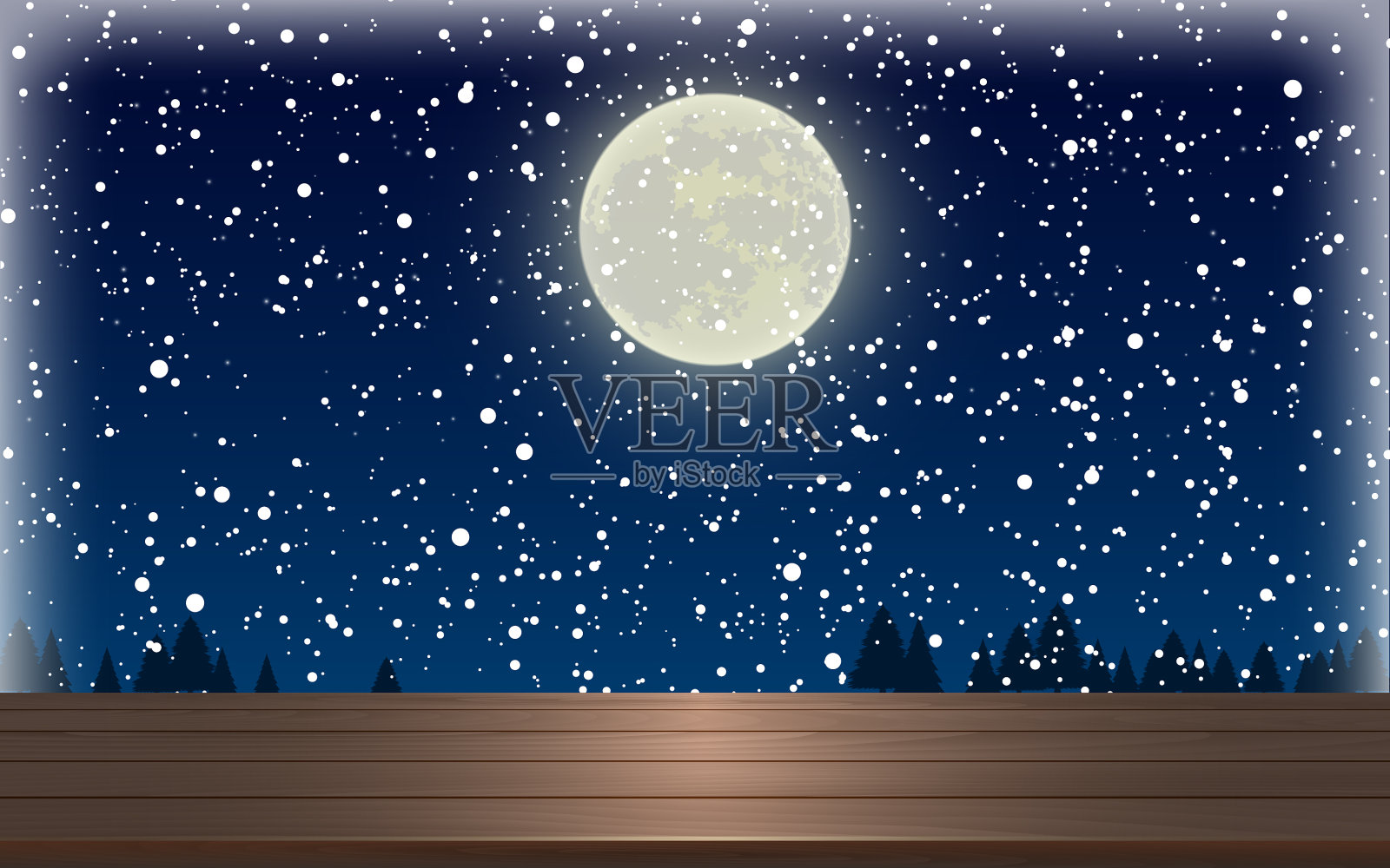 木桌与满月和云在夜晚插画图片素材