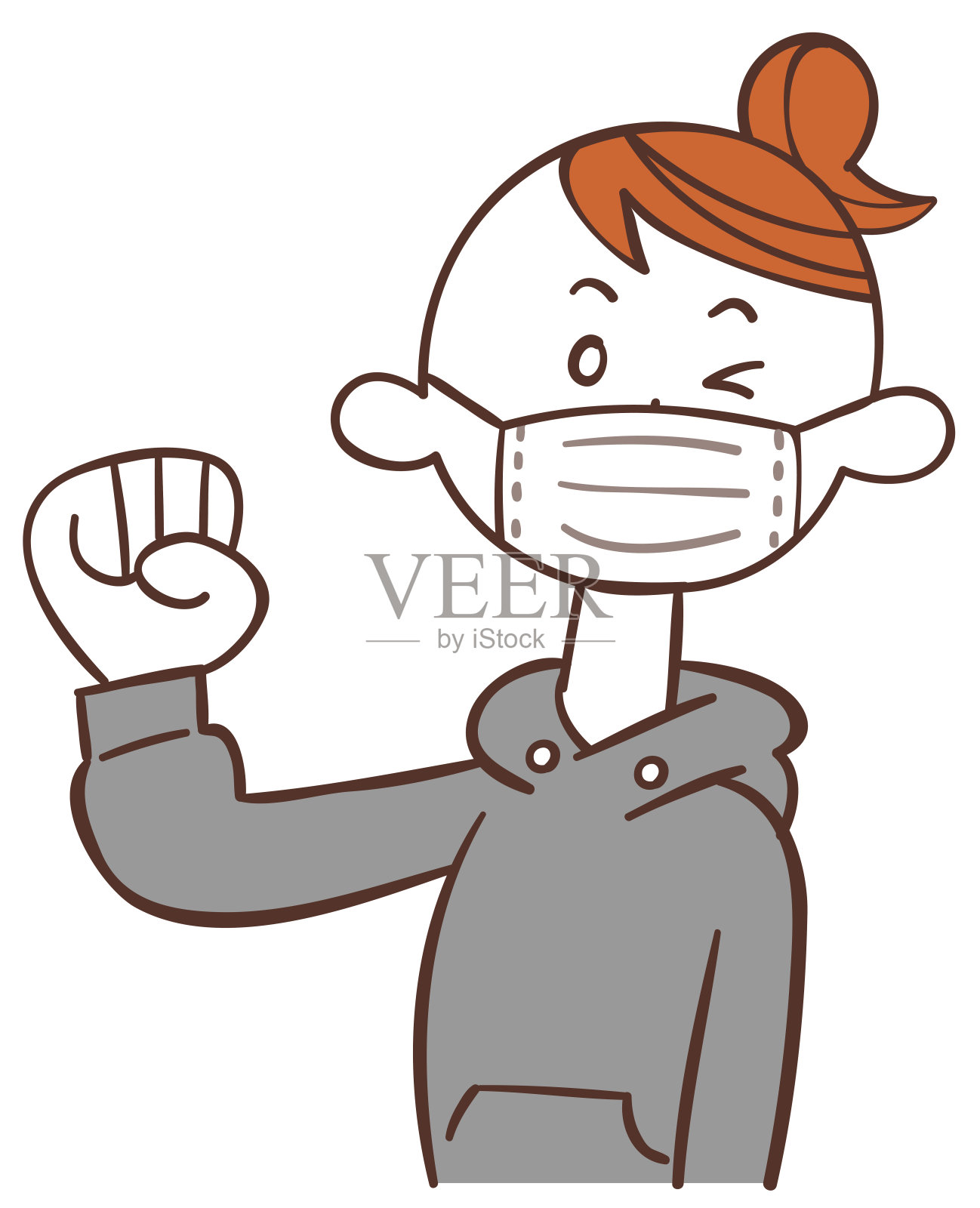 一名年轻女子穿着休闲装，戴着面具，摆出一副勇敢的姿势插画图片素材