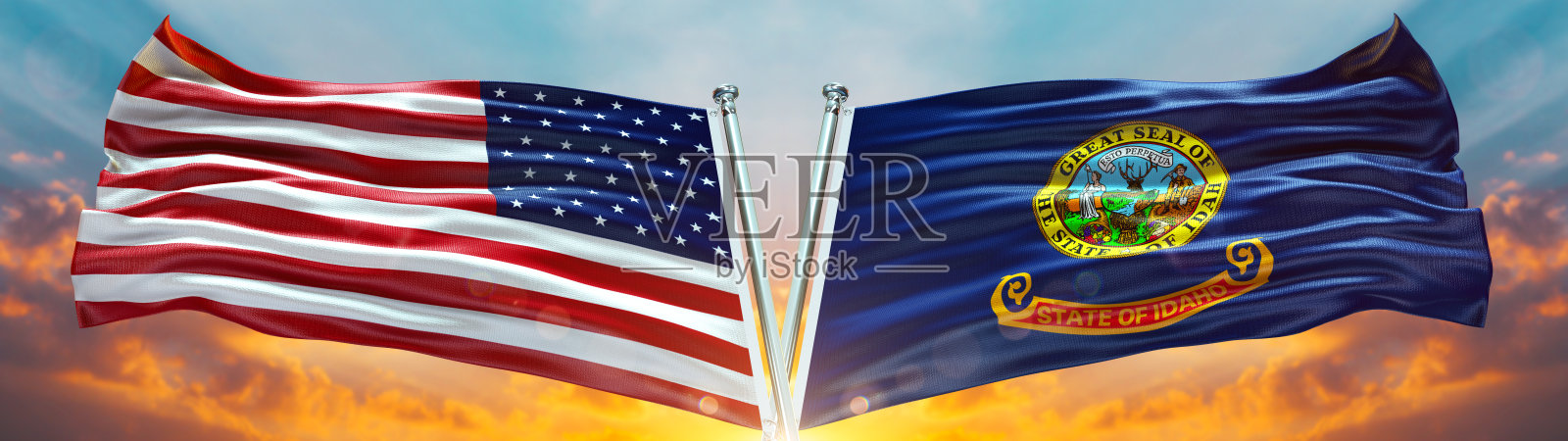 美国双旗和爱达荷旗美国州旗挥舞旗帜与纹理背景照片摄影图片