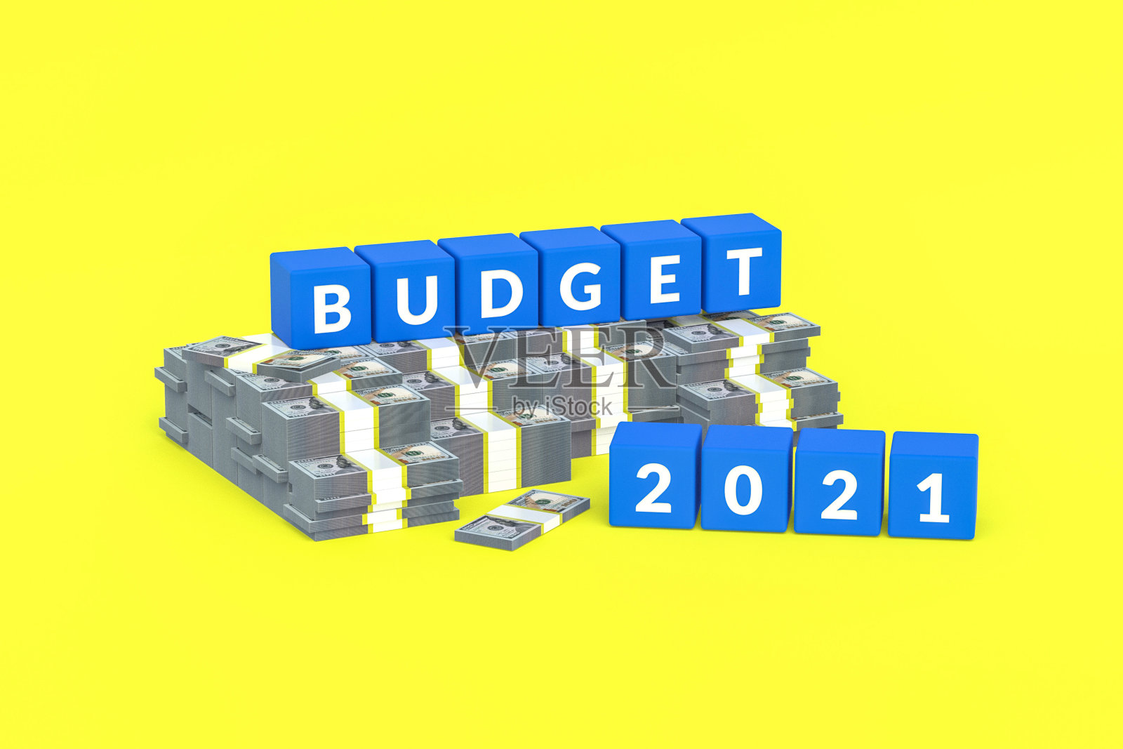 一堆纸币，黄色背景上印着“2021年预算”。明年的财务战略。经营理念。三维渲染照片摄影图片