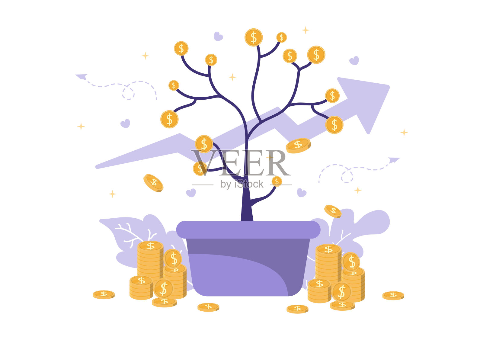 金钱树投资平面插图横幅业务解决方案，销售，统计增长数据，会计，创新的想法，和现金利润的网页分析插画图片素材