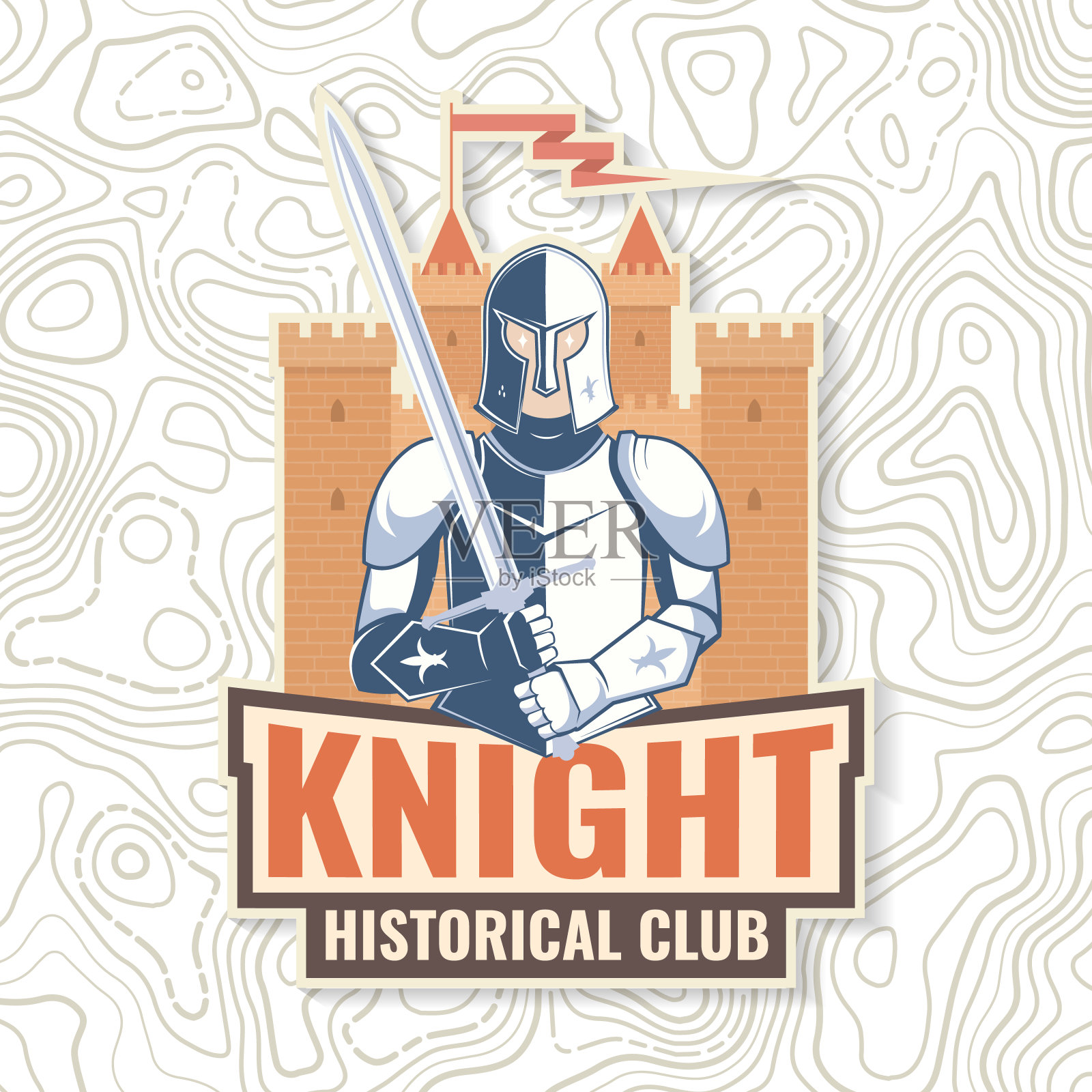 骑士俱乐部历史徽章设计。矢量插图概念衬衫，打印，邮票，覆盖或模板。古董排印设计与骑士与剑和城堡剪影。设计元素图片