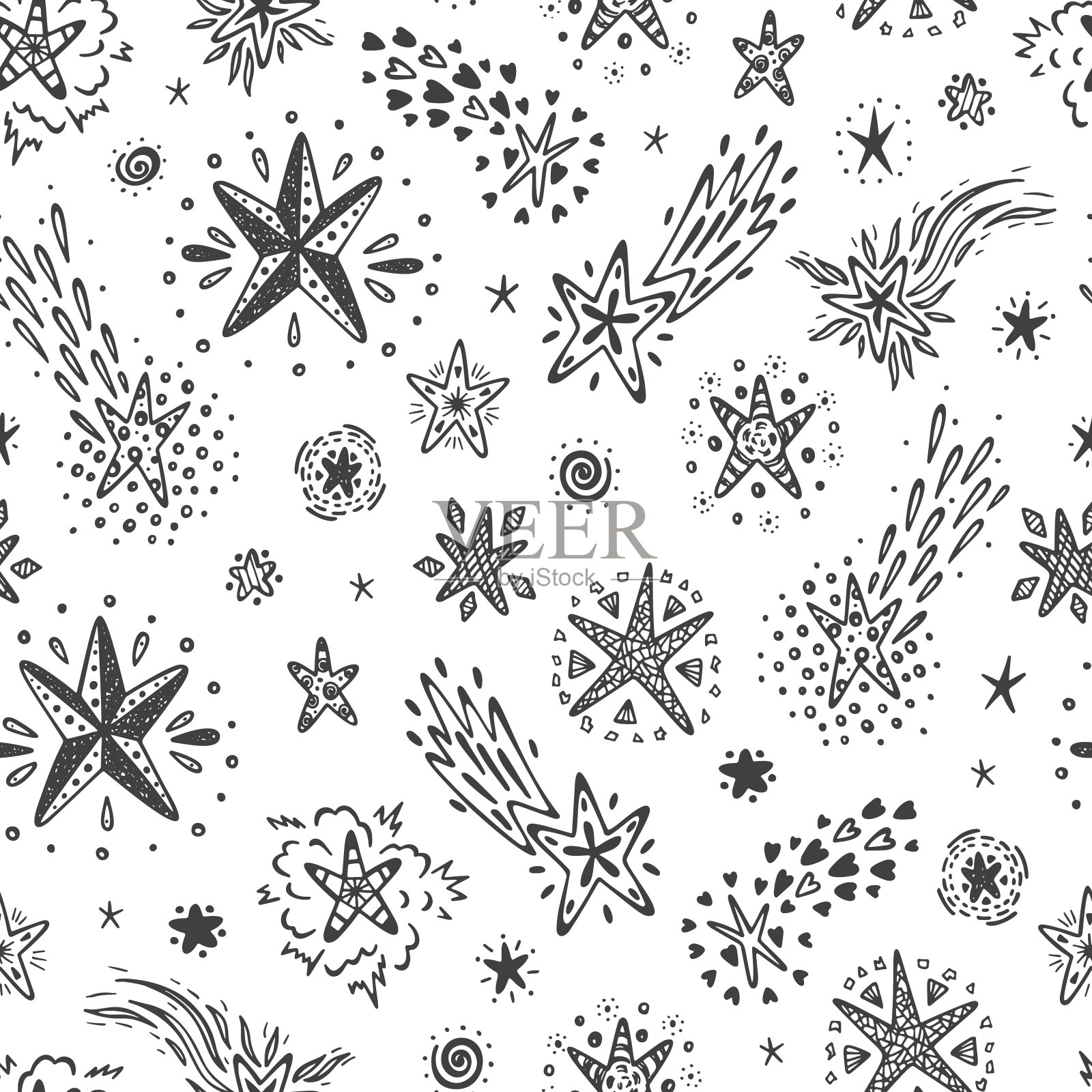 星空背景。手绘涂鸦星和彗星无缝模式。节日和生日壁纸。庆祝晚会的背景。矢量图插画图片素材