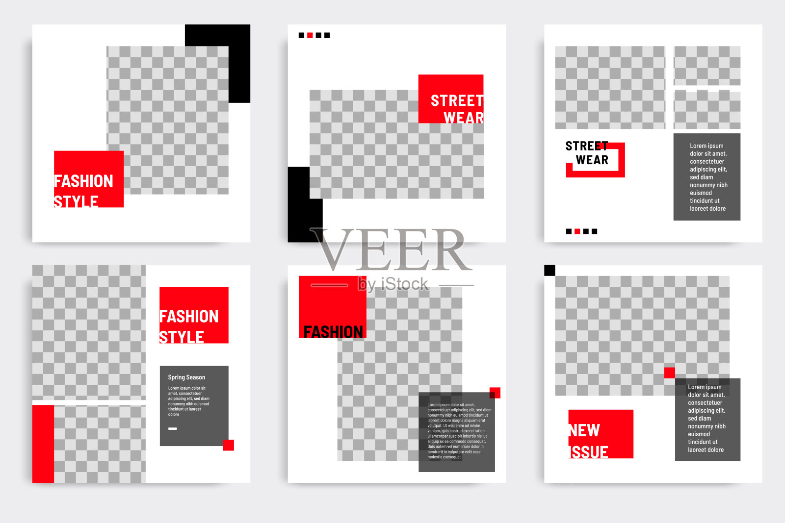最小的布局设计背景矢量插图在黑，红，白框架颜色。可编辑的正方形几何形状旗帜模板为社会媒体的帖子，故事，故事，传单，看书杂志设计模板素材