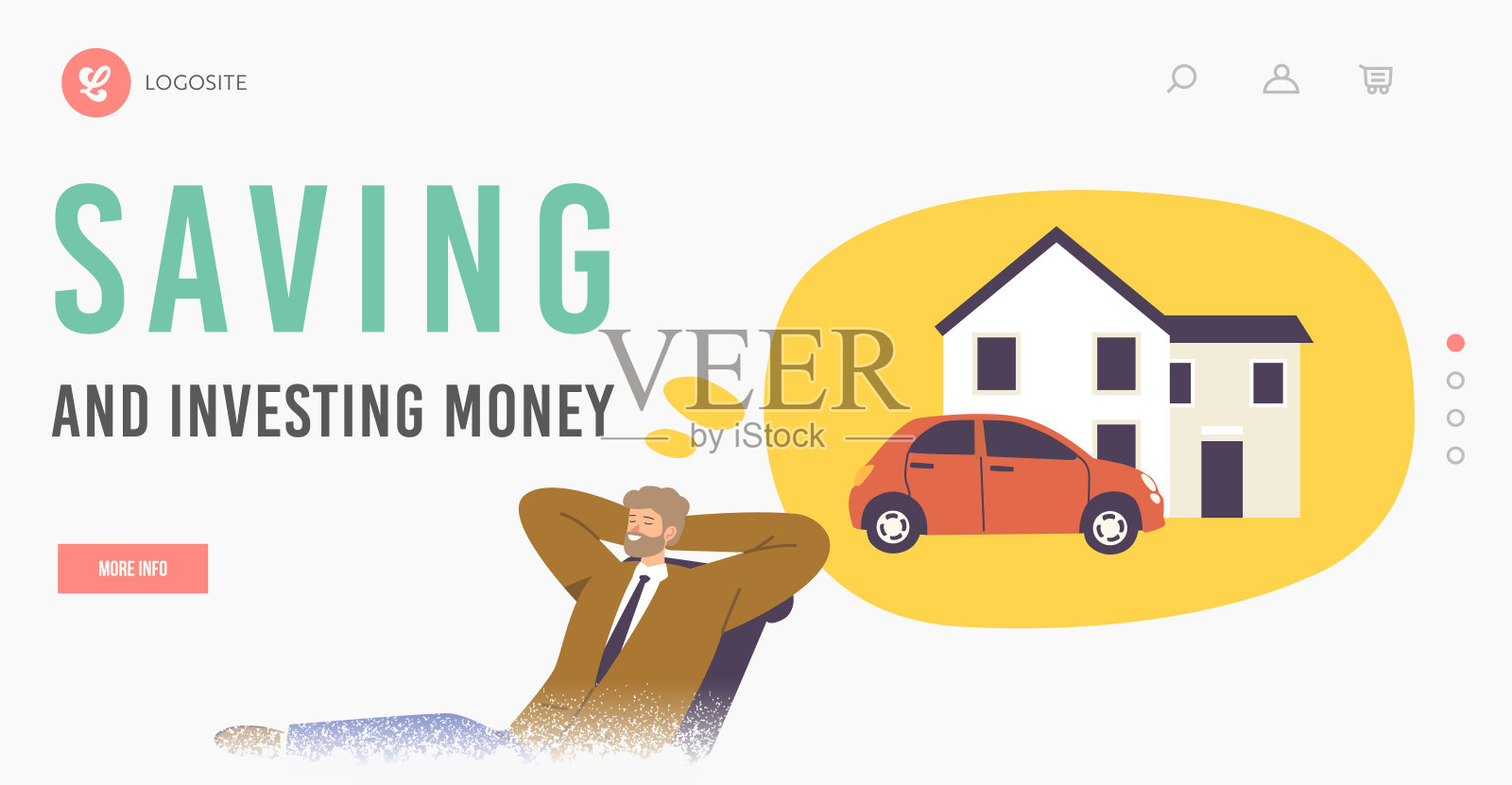 节省和投资金钱登陆页面模板。商人人物悠闲地坐着，梦想着房子、汽车插画图片素材